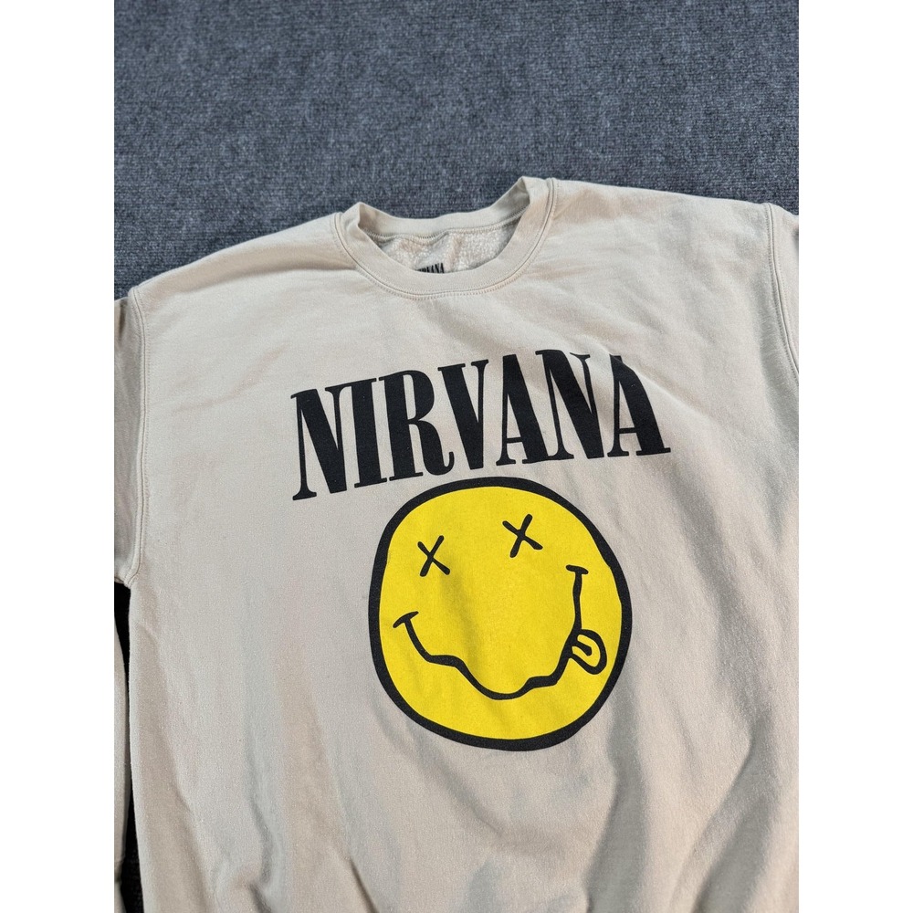 Nirvana Sweatshirt Mens Large Beige Crewneck Pullover Smiley Face Graphic‎ Band